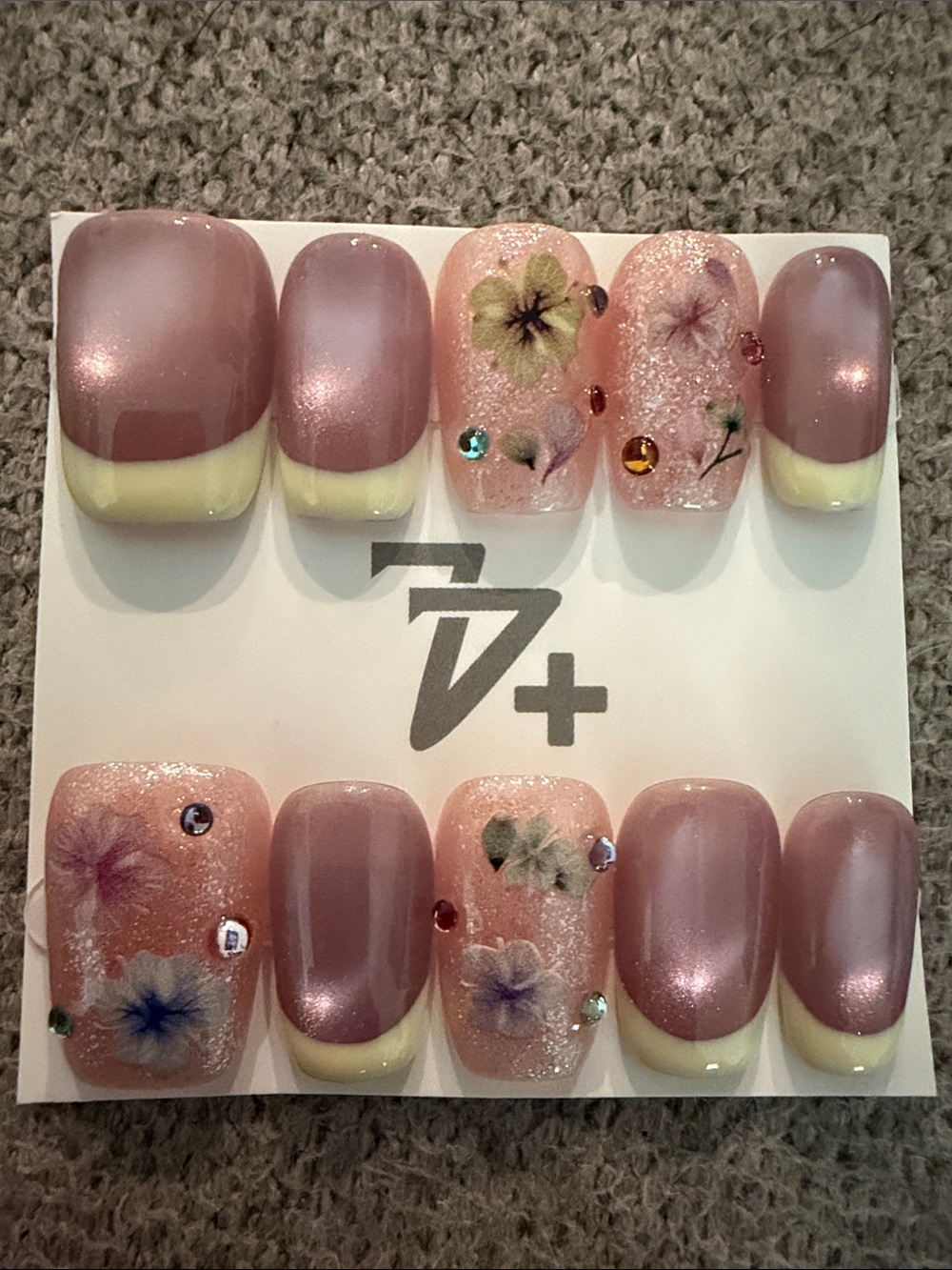 Handmade acrylic Press-On Nail Set — Cateye French with Floral Accent